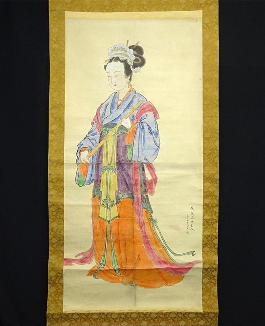 【模写】大幅掛軸 仇英『笛持美人図』中国画 紙本 肉筆 掛け軸 a010914