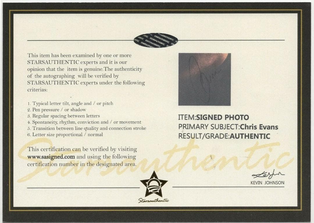 直筆サイン入り写真 クリス・エヴァンス キャプテン・アメリカ SA鑑定済