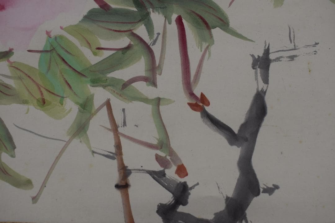 【真作】東原方僊/牡丹図/横物/掛軸☆宝船☆Z-573