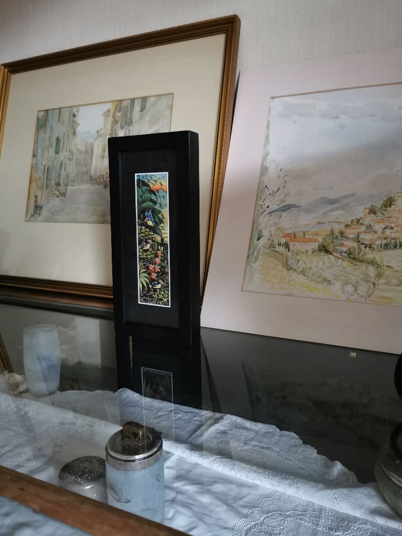 インドネシアバリ島アート 田園と亜熱帯の鳥と花 細密手描き風景画 マスターピース