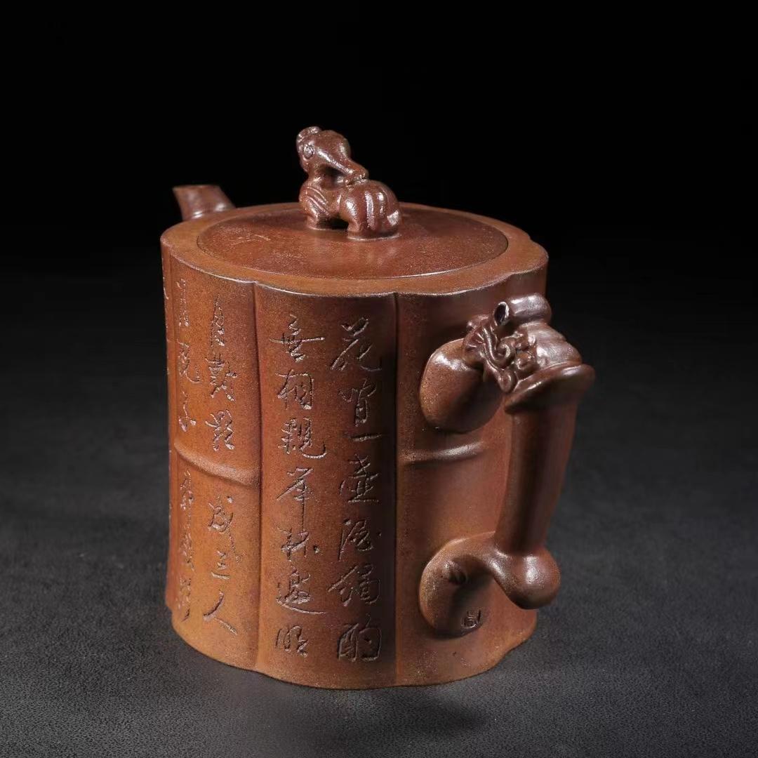 中国古美術・原鉱底槽清泥龍騰盛世紋急須・紫砂壺・底款:朱可心紋・朱泥・急須・茶壺
