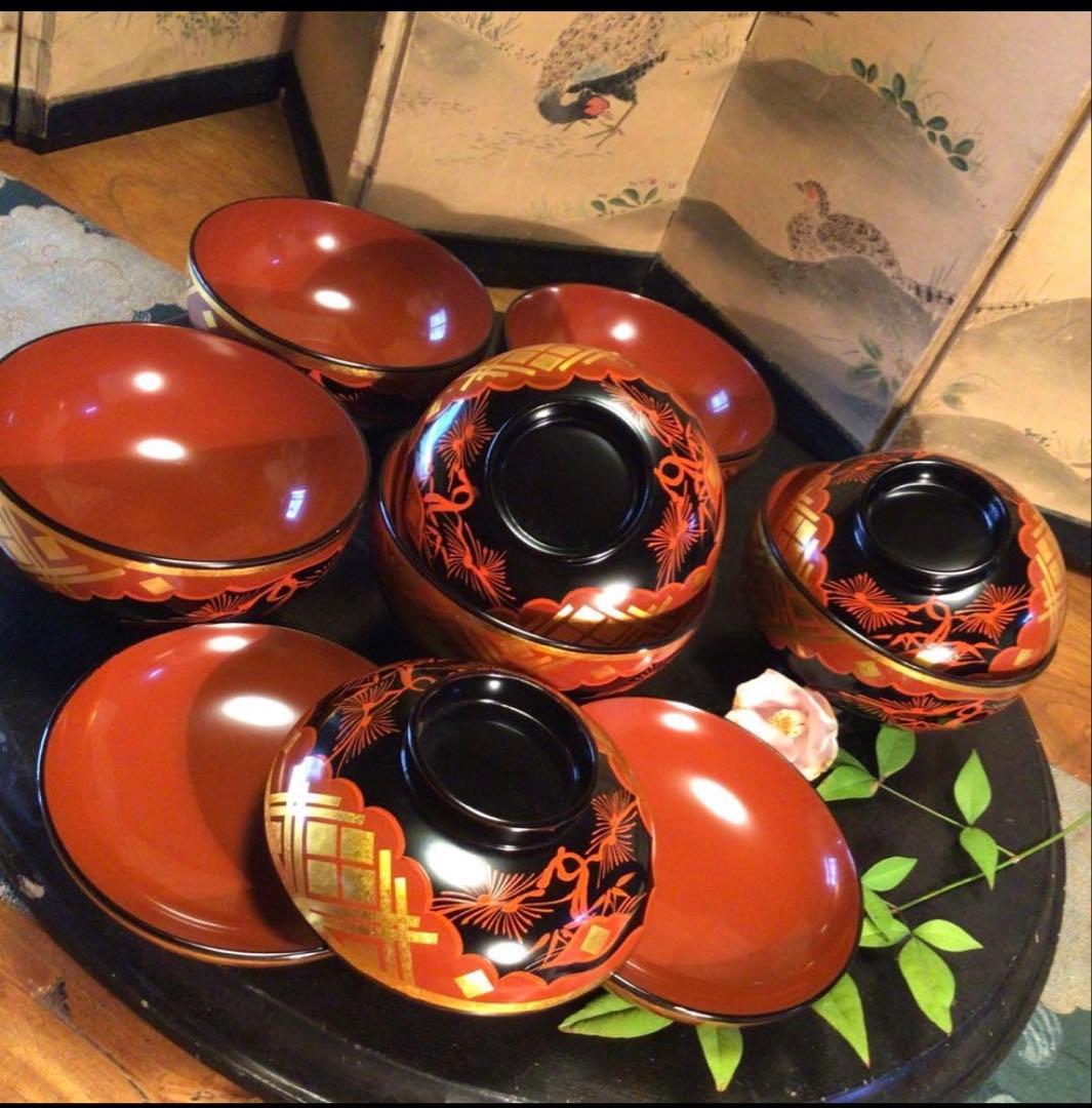 A1062 木製漆器　懐石道具　秀衡塗　椀　（丸三漆器）5客箸　5膳　揃え