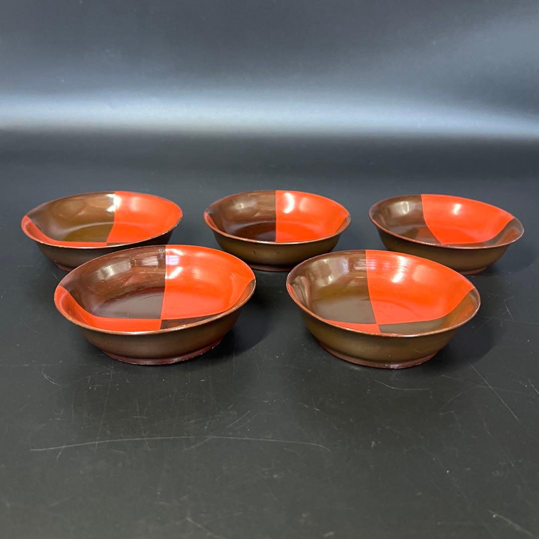 江戸後期 朱黒市松文 片身替 菓子皿 五客揃い 数寄者好み 漆皿 漆器 茶道具