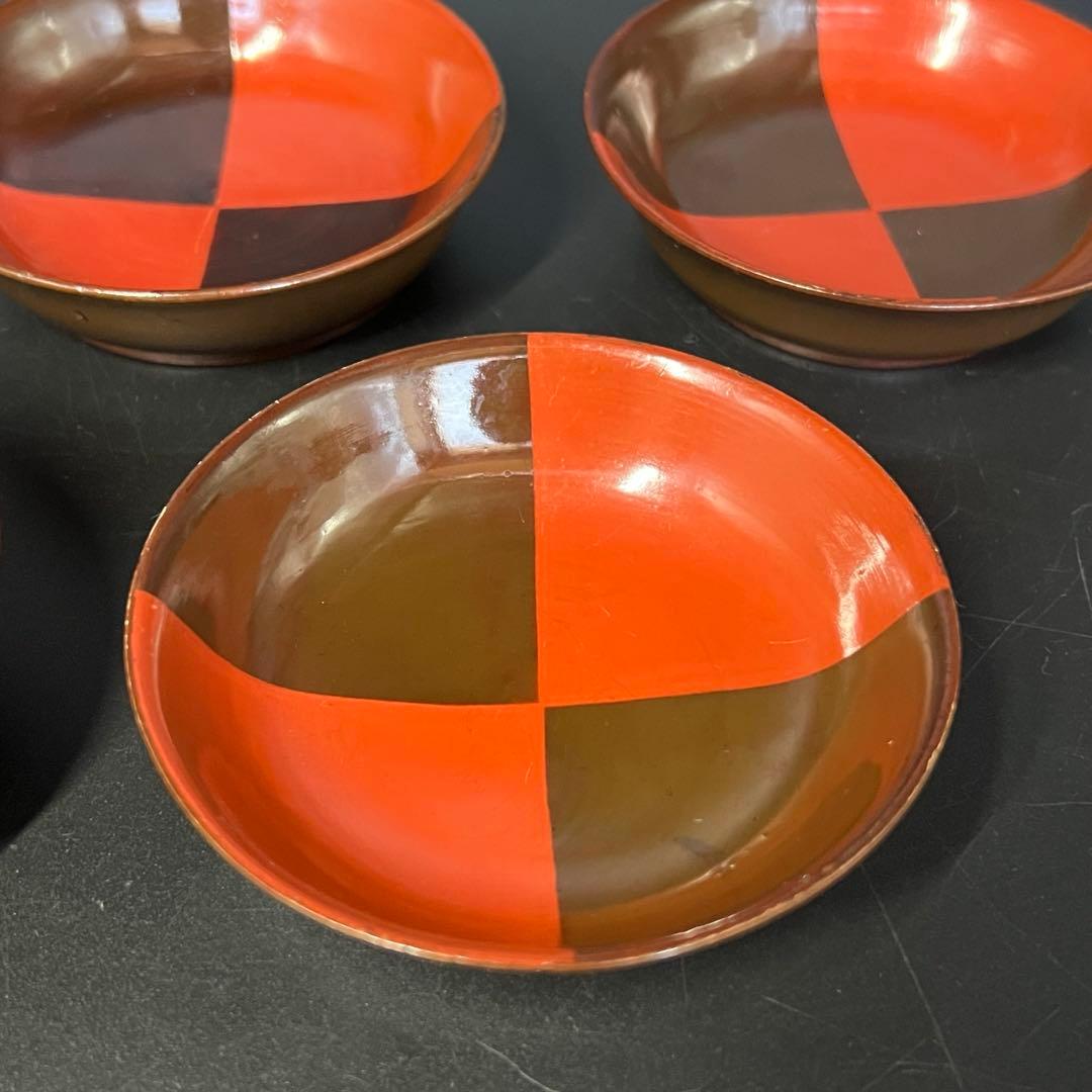 江戸後期 朱黒市松文 片身替 菓子皿 五客揃い 数寄者好み 漆皿 漆器 茶道具
