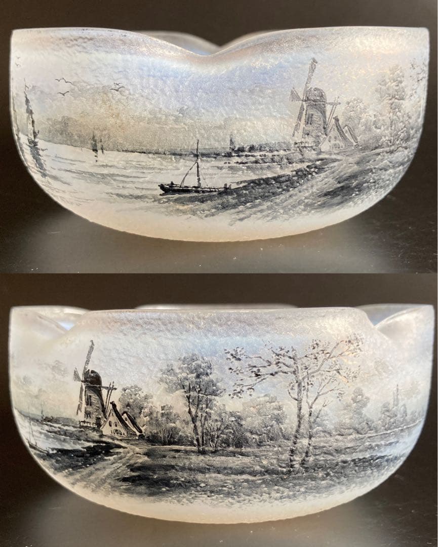 ドーム・ナンシー 阿蘭陀湖畔風景文　ボウル　エナメル　グリザイユ　オパールセント