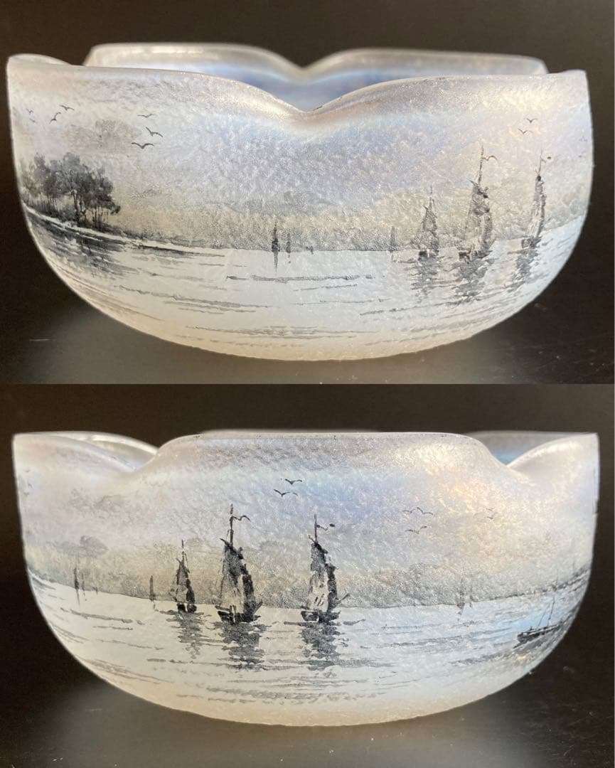 ドーム・ナンシー 阿蘭陀湖畔風景文　ボウル　エナメル　グリザイユ　オパールセント