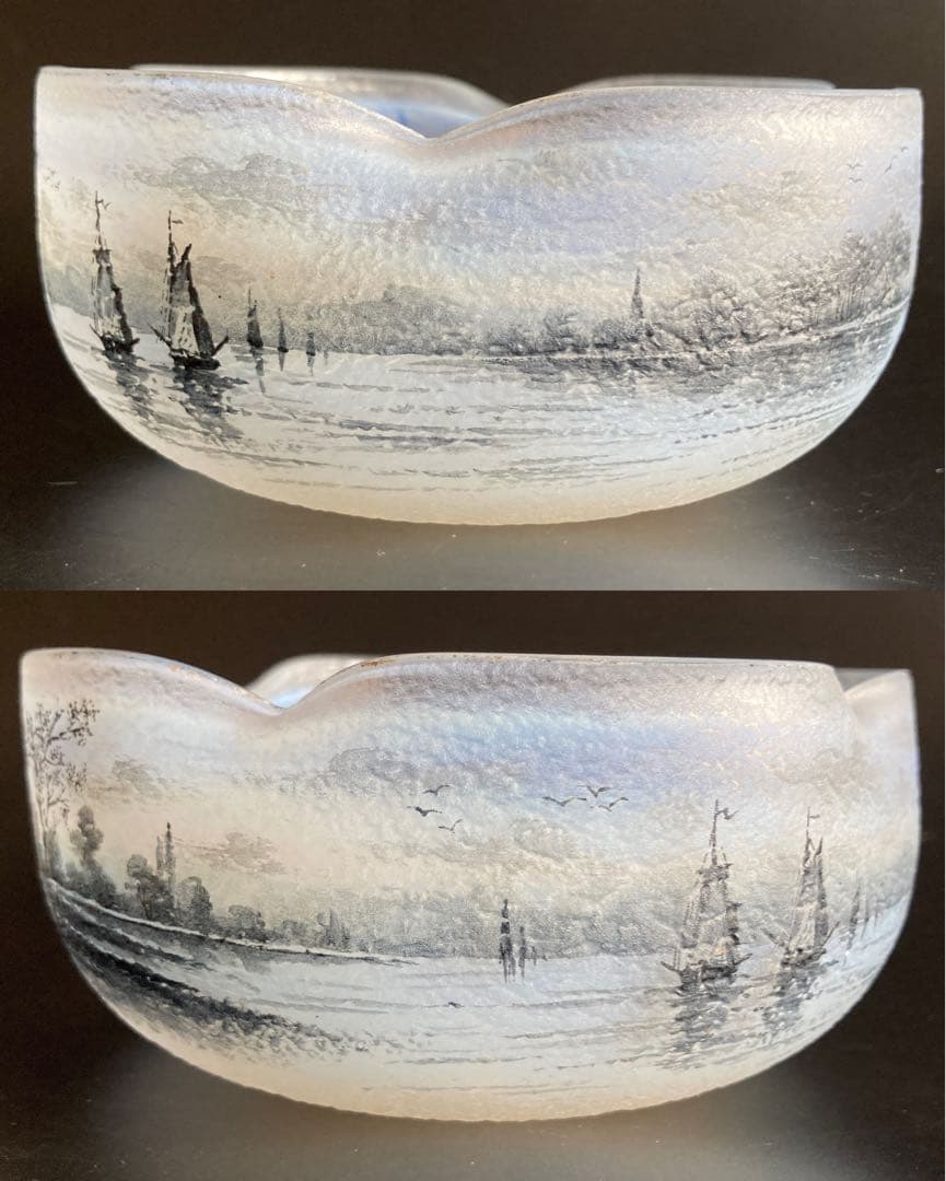 ドーム・ナンシー 阿蘭陀湖畔風景文　ボウル　エナメル　グリザイユ　オパールセント