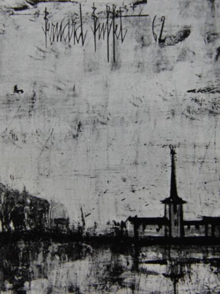 ベルナール・ビュッフェ 、池の小舟、画集画、額付