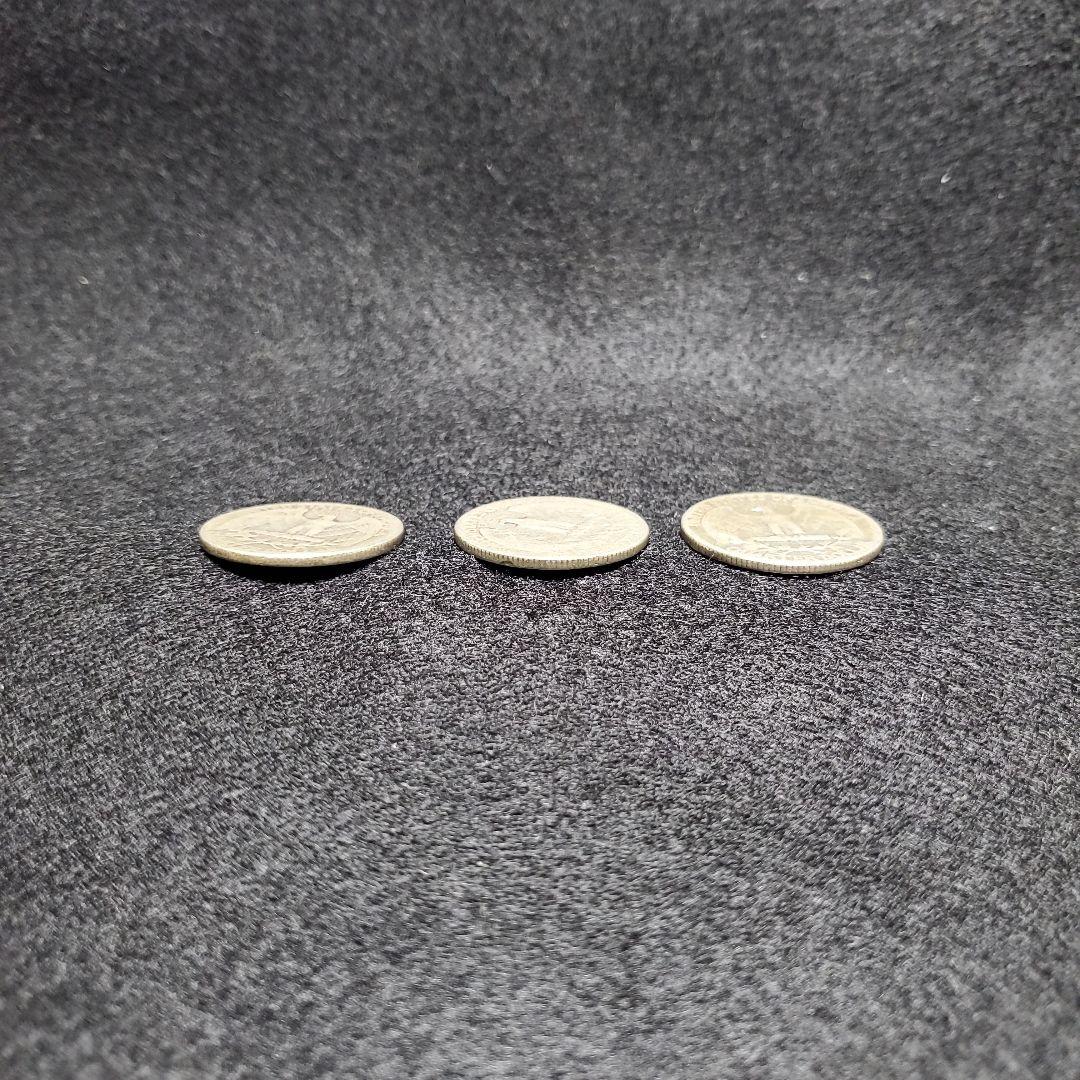 アメリカ、1942～1952年発行の25セント銀貨(銀90％)、3枚