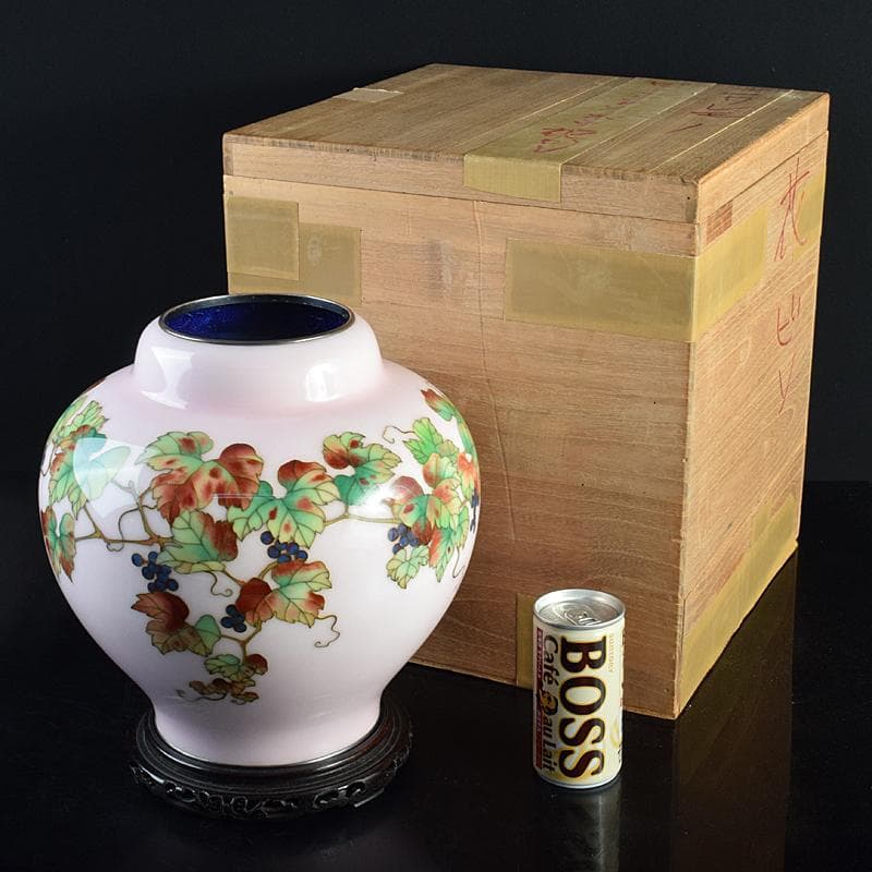 AAA安藤七宝店純銀刻印　桜釉　葡萄文瓶　唐木台・木箱付　H　R8810B