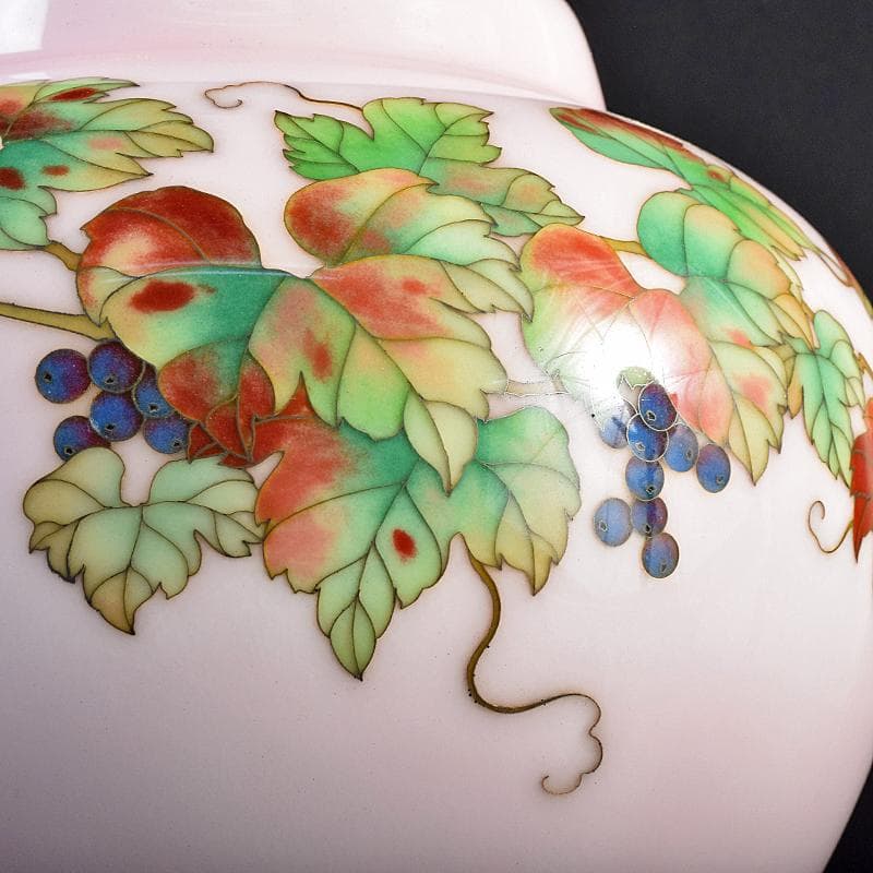 AAA安藤七宝店純銀刻印　桜釉　葡萄文瓶　唐木台・木箱付　H　R8810B