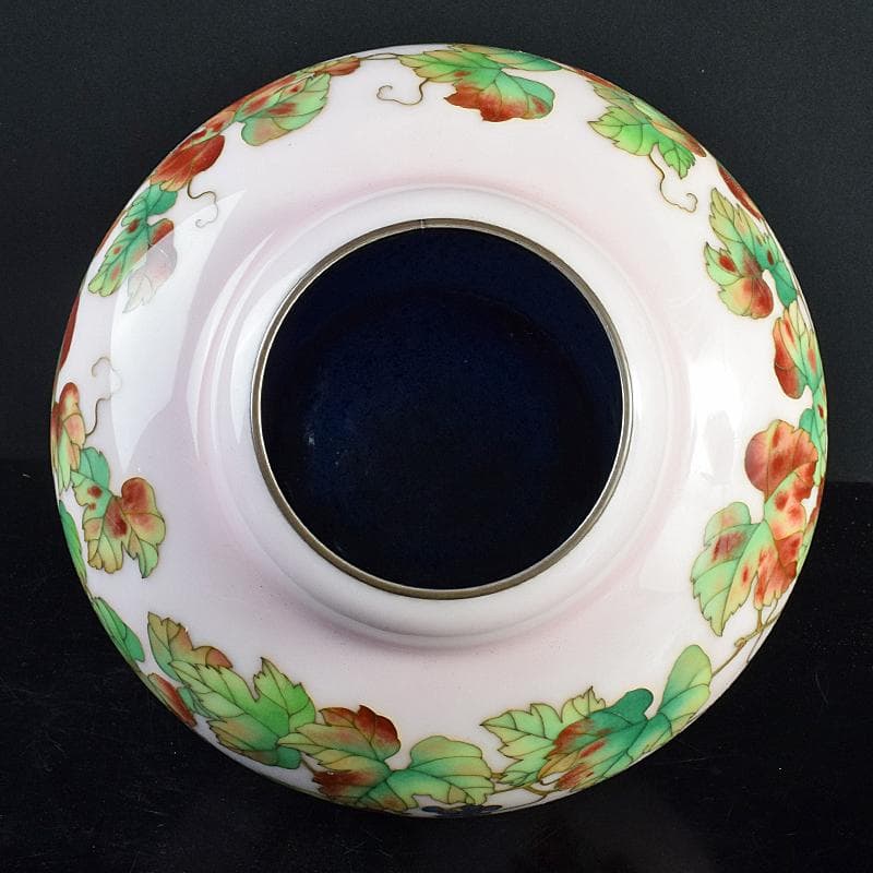 AAA安藤七宝店純銀刻印　桜釉　葡萄文瓶　唐木台・木箱付　H　R8810B