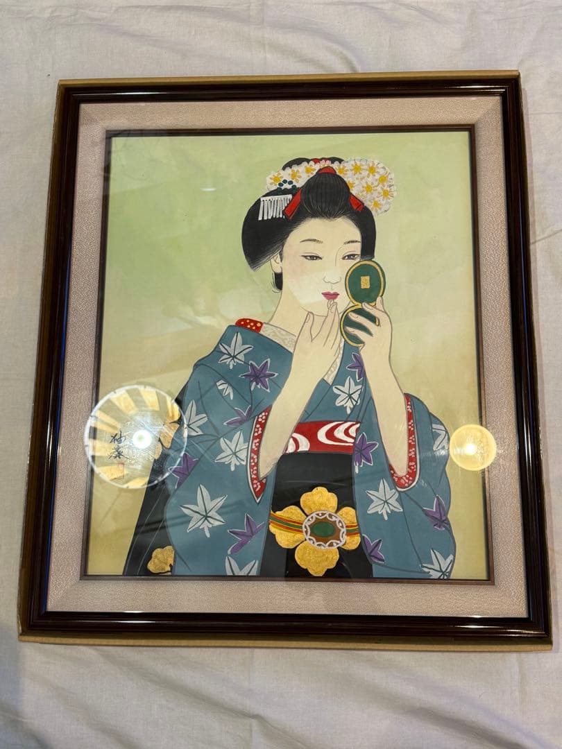 【真作】宮下柚葵「岩彩」日本画 約8号 額裏共シール 美人画重鎮