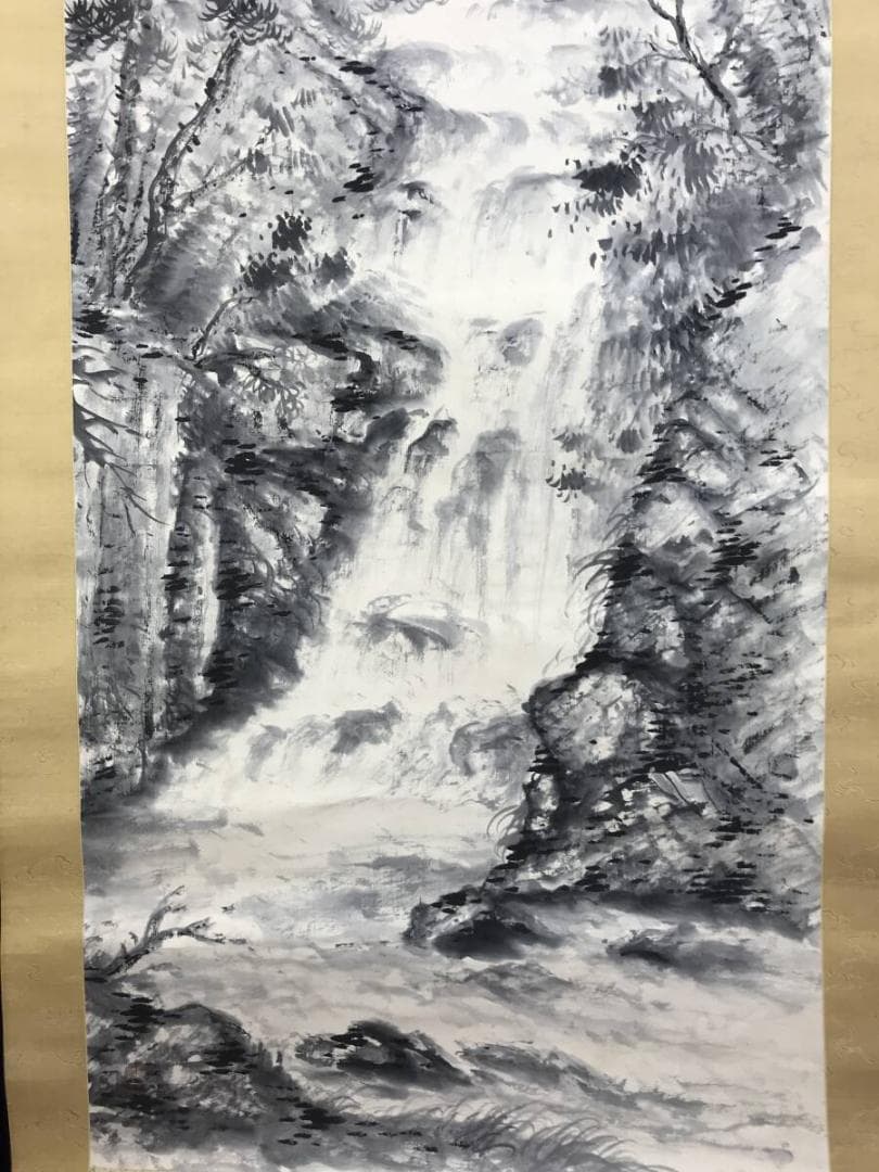 真作/河村李軒/滝山水図/水墨山水/山水図/掛軸/名家伝来AH-575