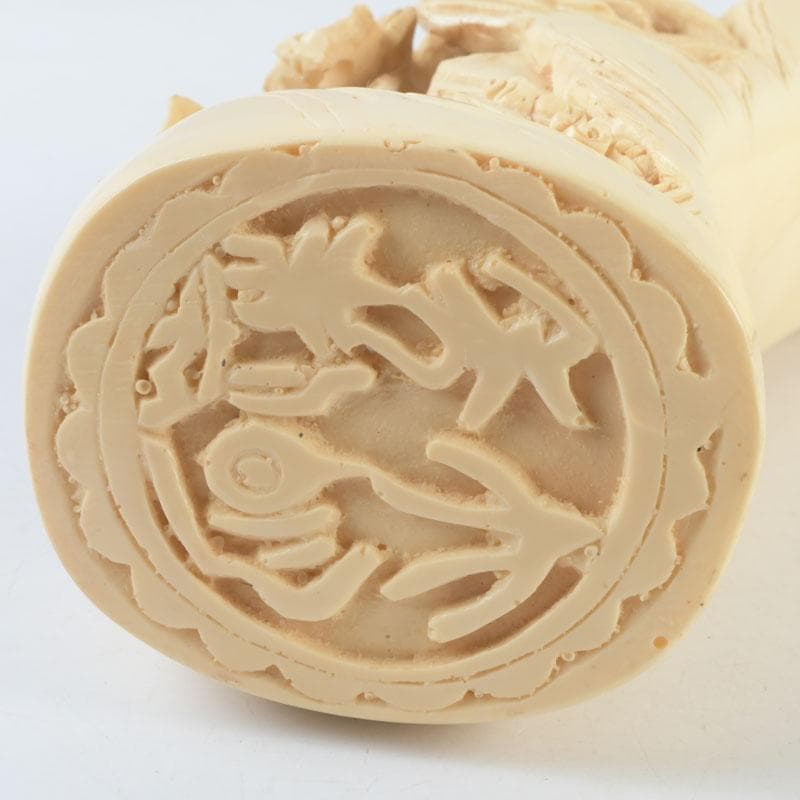 中国　河馬牙製　楼閣山水透かし雕　床飾　置物　唐木台付　V　9341