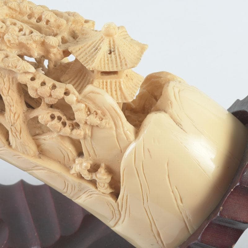 中国　河馬牙製　楼閣山水透かし雕　床飾　置物　唐木台付　V　9341