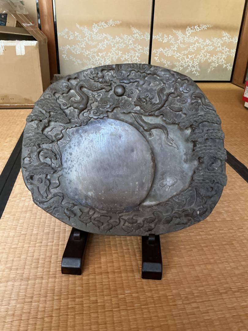 中国風 龍彫刻 飾り皿 石製 骨董調