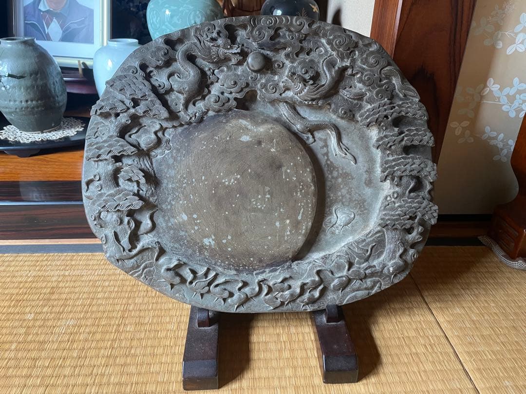 中国風 龍彫刻 飾り皿 石製 骨董調