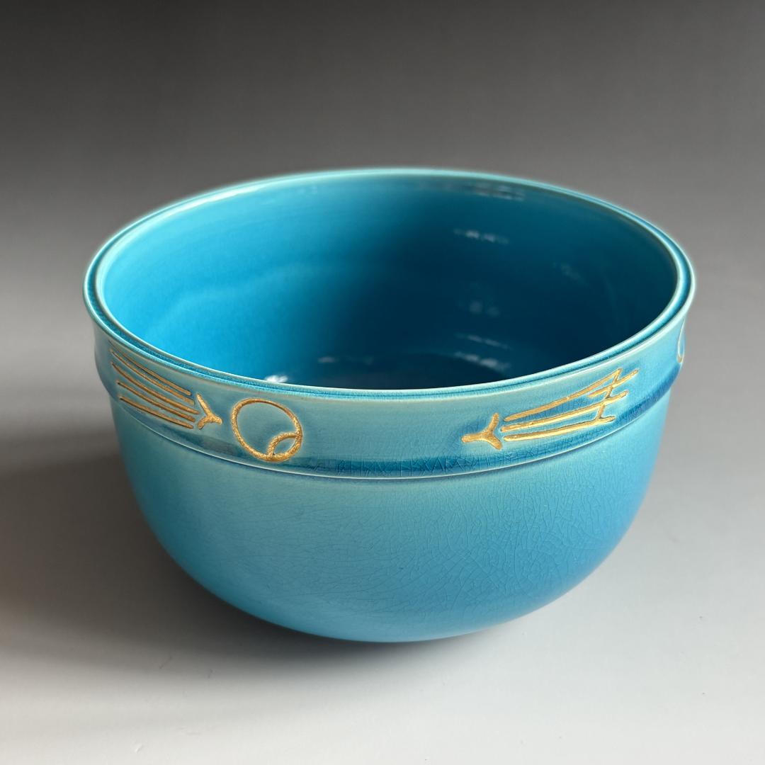 中村翠嵐　浅黄交趾　ツボツボ松葉　建水　茶道具