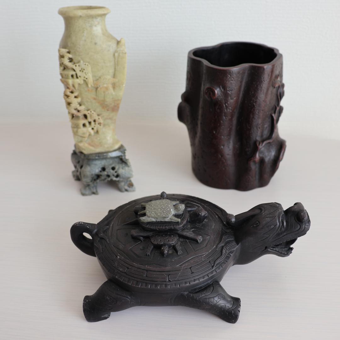 石彫刻花瓶 紫砂筆筒 ⻲型硯 まとめ売り