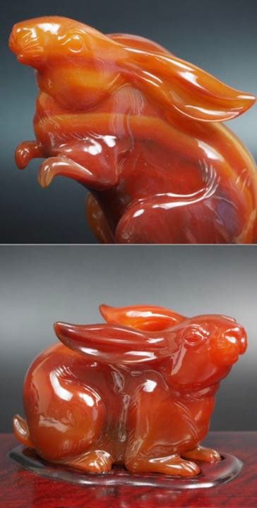 送料無料　名工土橋正市作　極上瑪瑙彫刻兎置物 共箱・作歴・証明書