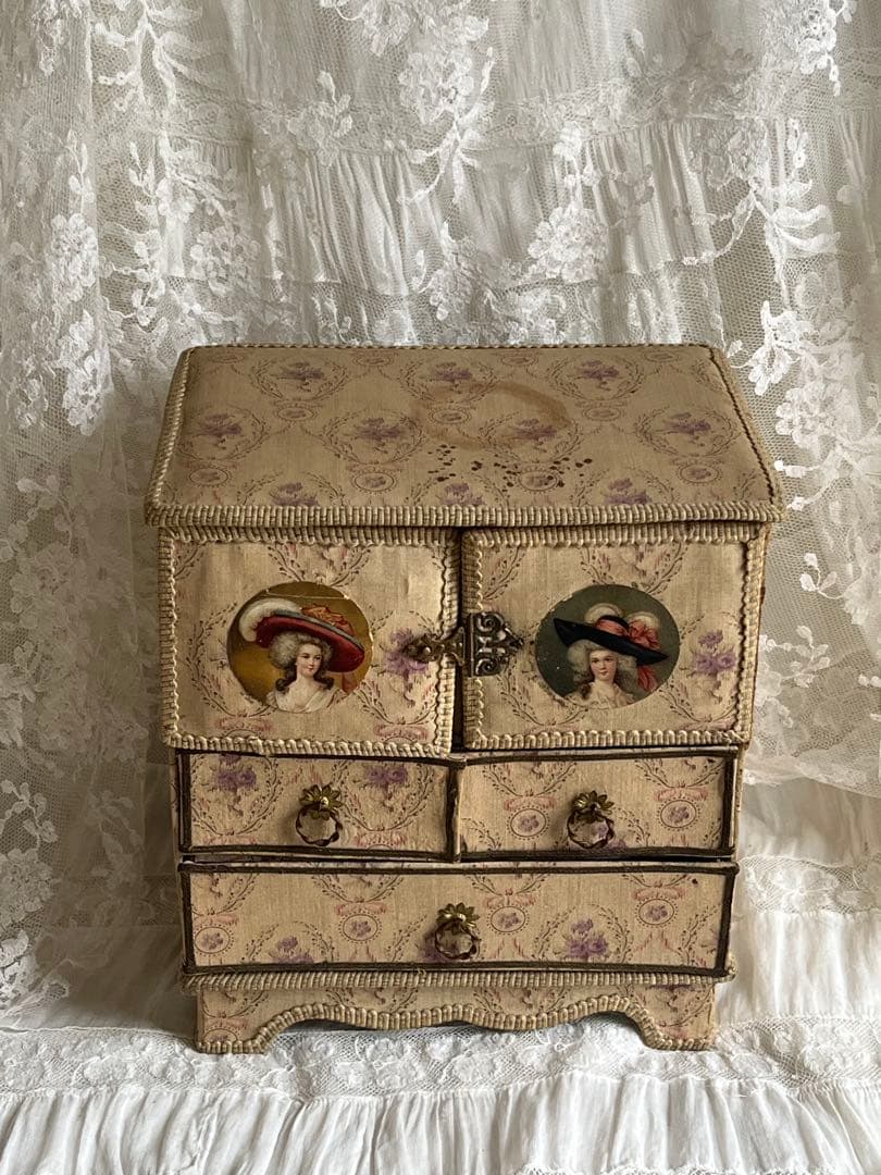 アンティークブロカントフレンチフランスカルトナージュボックスローズ布箱チェスト