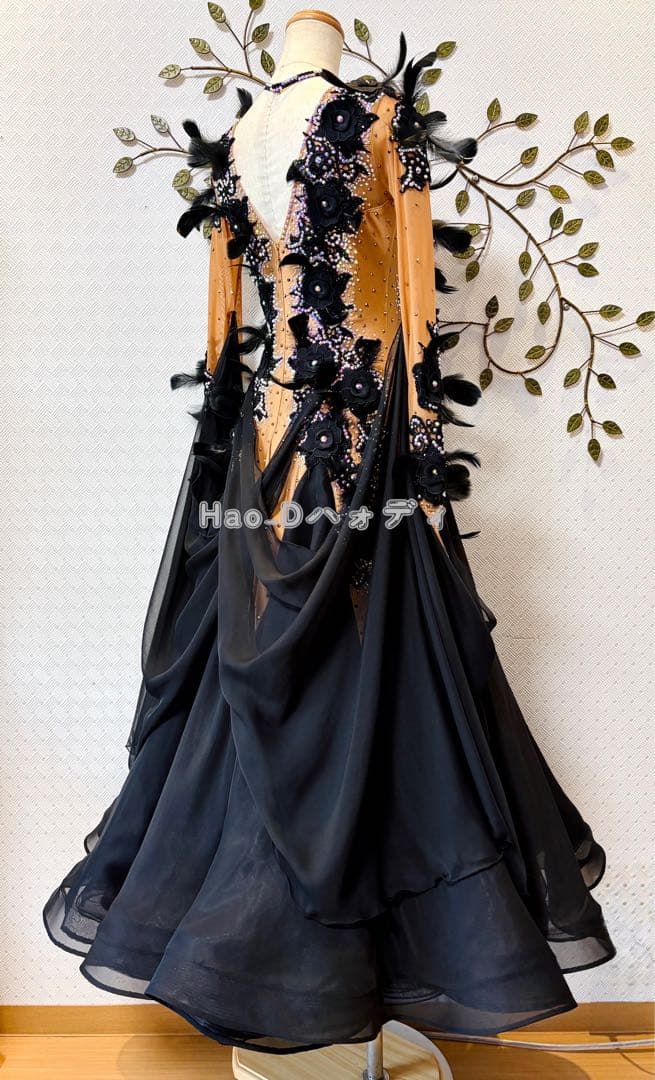 新品★ダンスドレス★スタンダード★社交ダンス★競技会★パーティー★ブラック羽