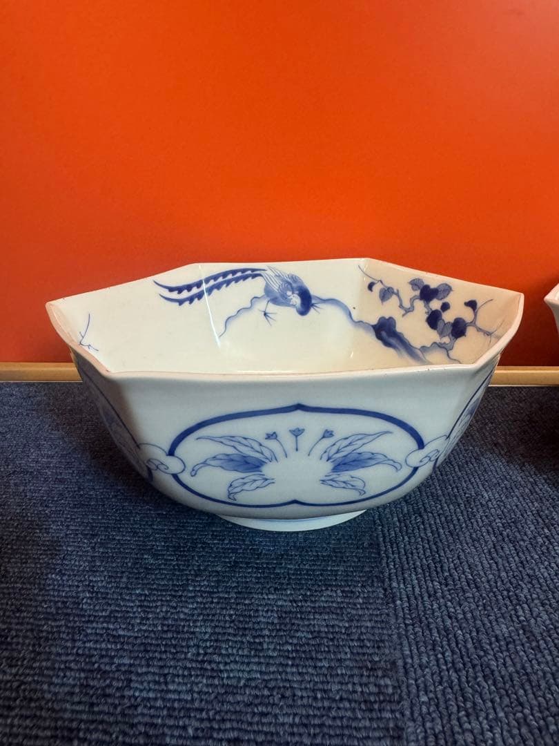 1885 香蘭社　染付鳳凰文　六角深鉢　2客　時代物