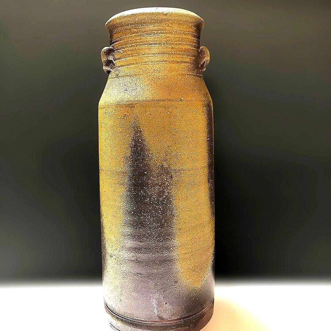 人間国宝：藤原雄作 傑作『備前 花入/花生』 (共箱・陶印付き)