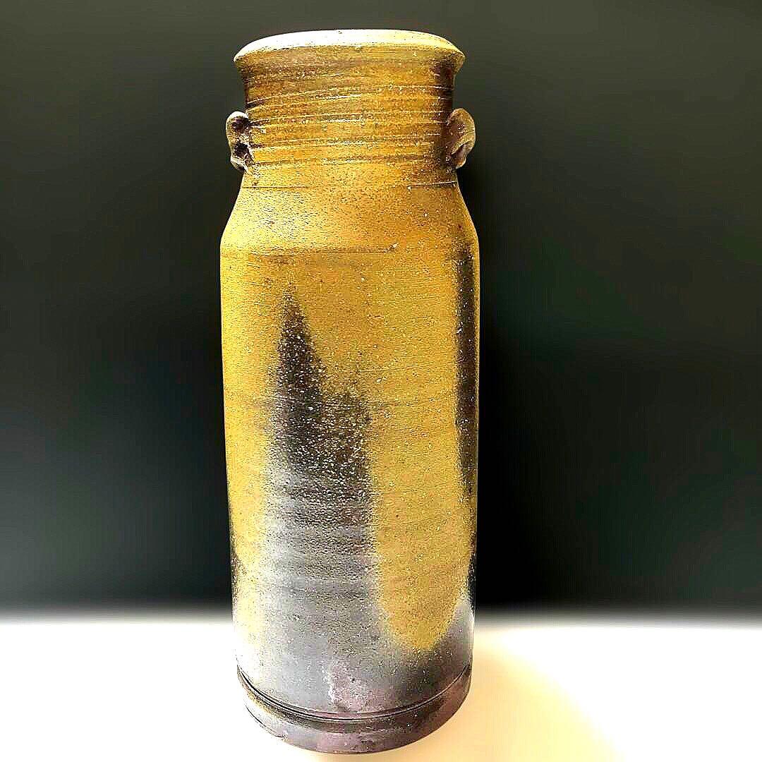 人間国宝：藤原雄作 傑作『備前 花入/花生』 (共箱・陶印付き)