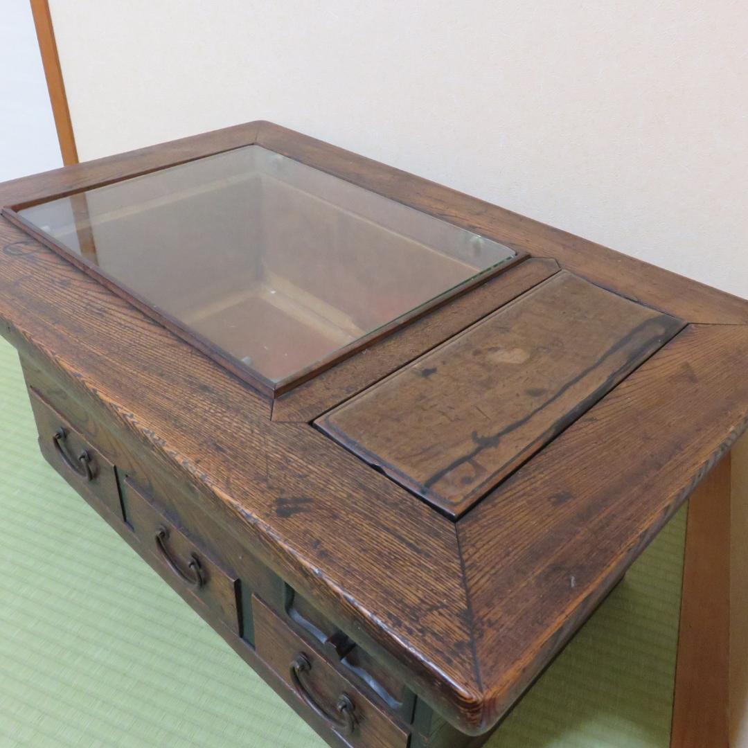 長火鉢 天板ガラス カスタム 蓋つき テーブル ディスプレイテーブル