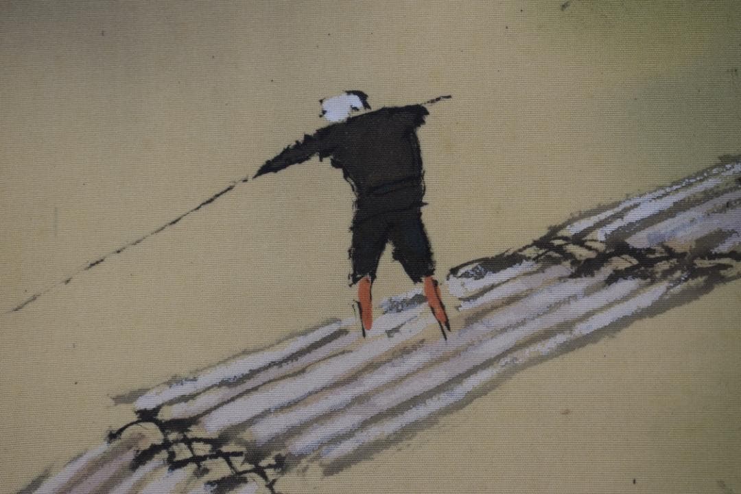 【真作】平井楳仙/嵐峡新緑図/保津川筏下り図/掛軸☆宝船☆Z-285