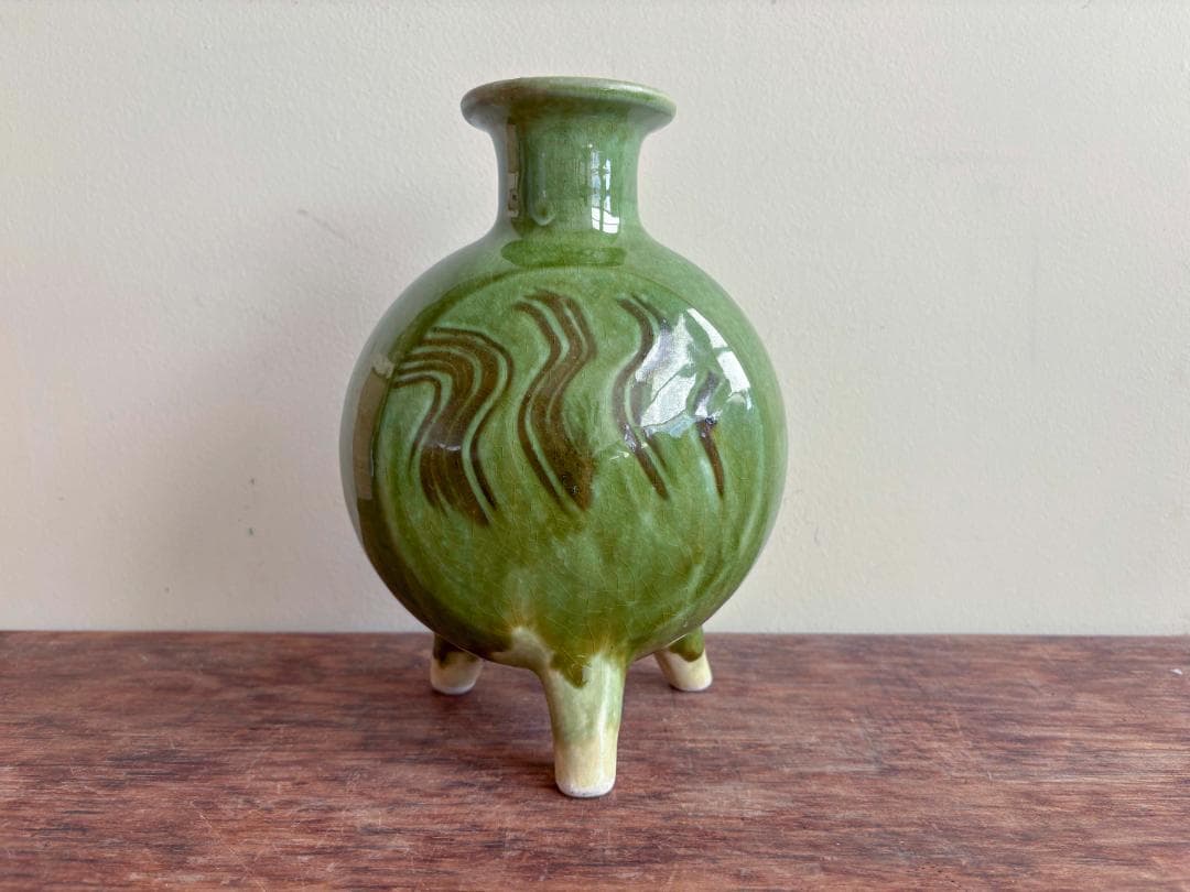 舩木研児　緑釉　三脚花生　共箱付　無傷　希少　民藝　バーナードリーチ