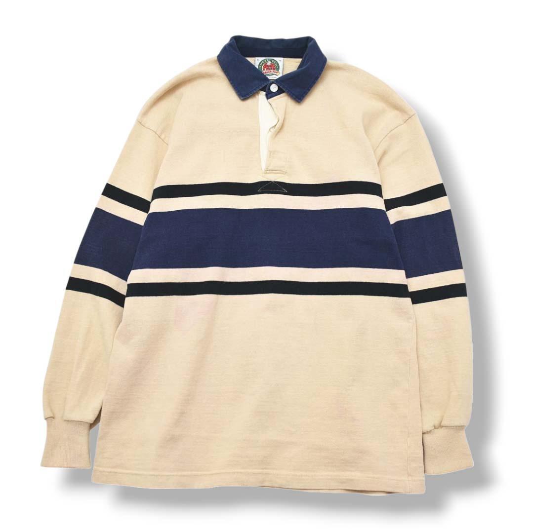 カナダ製 バーバリアン 長袖 ラガー シャツ XL ボーダー ベージュxネイビー