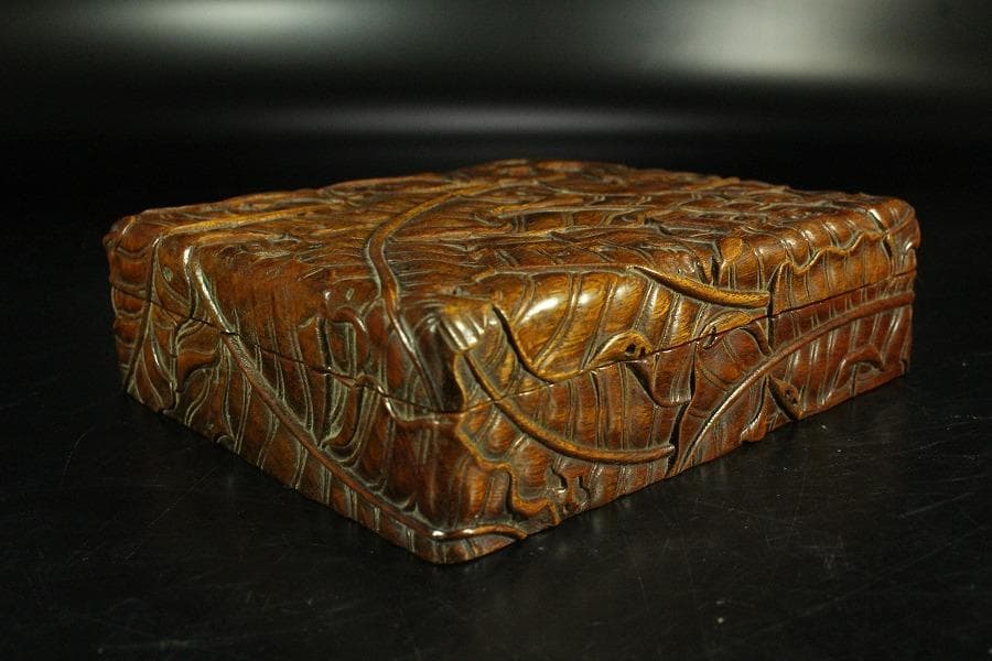 唐木 刻芭蕉 四方箱 旧家蔵出(K-A746)