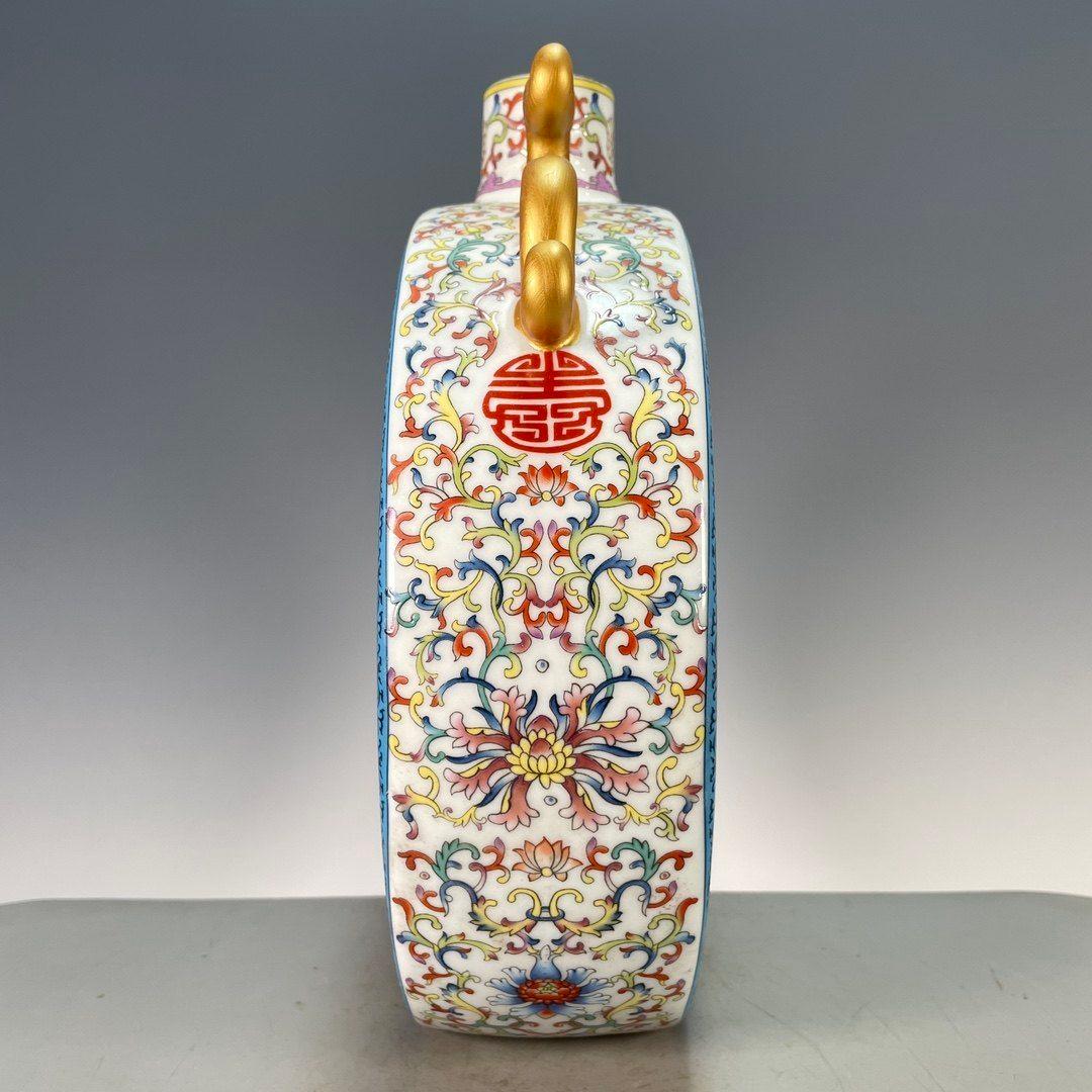 粉彩琺瑯彩花鳥チ竜鎏金双耳抱月瓶扁瓶 景徳鎮 陶磁器 装飾品現代工芸品美術品置物