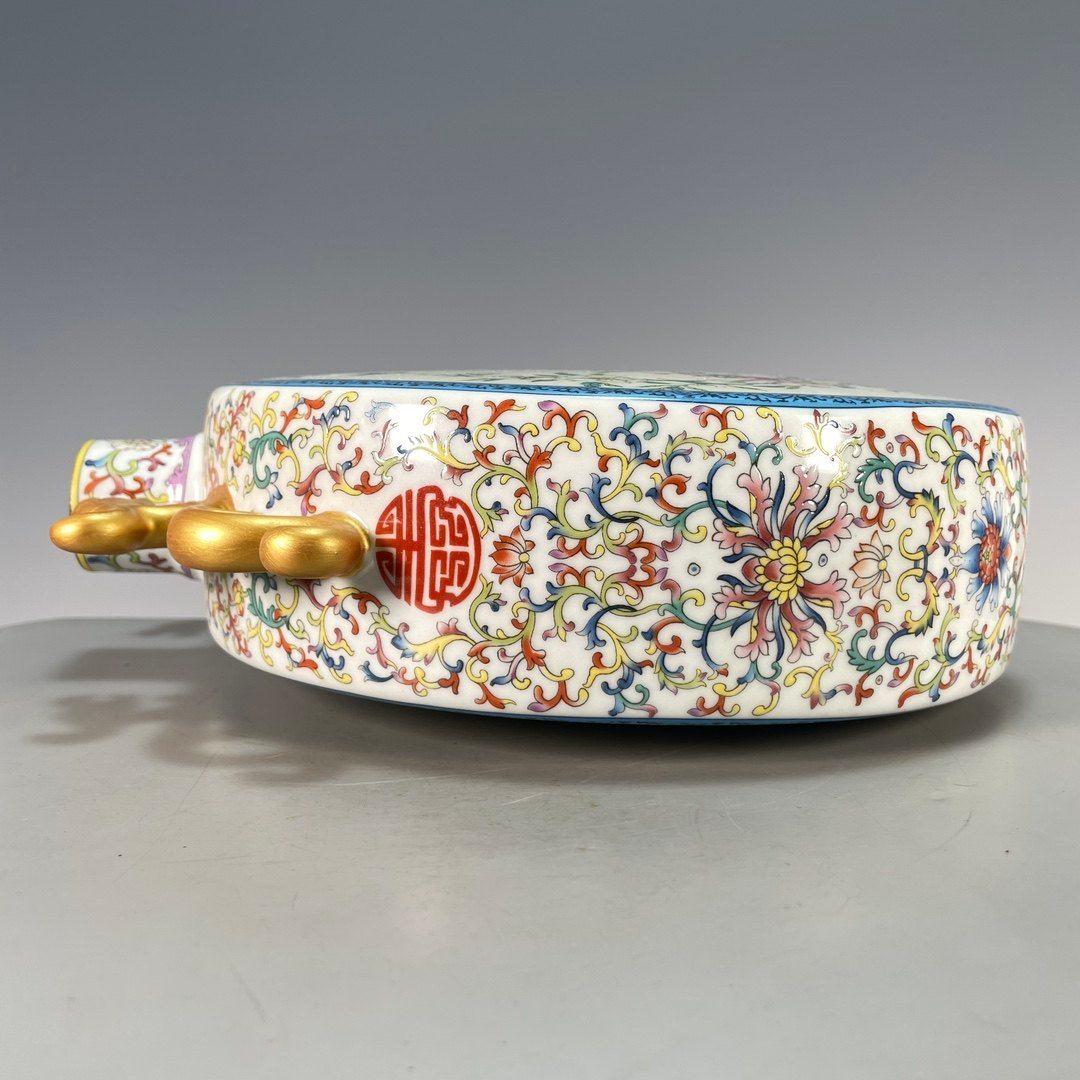 粉彩琺瑯彩花鳥チ竜鎏金双耳抱月瓶扁瓶 景徳鎮 陶磁器 装飾品現代工芸品美術品置物