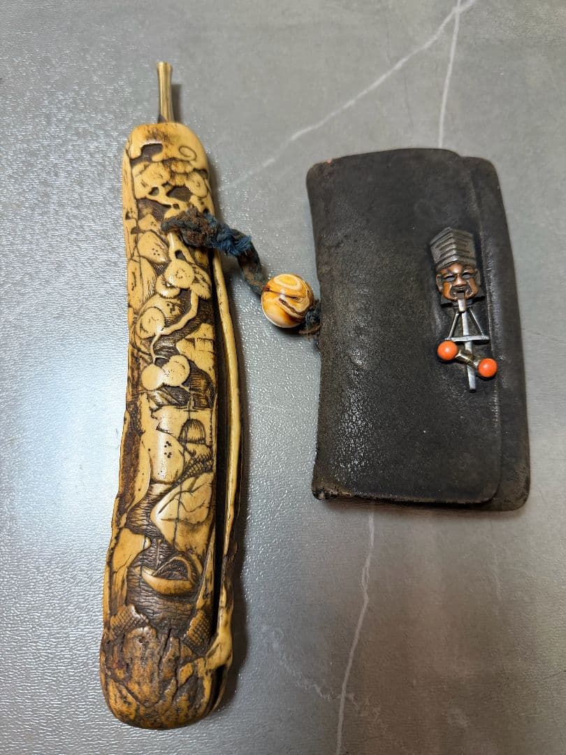 キセル　K18　彫金　煙管　緒締め玉 　煙草入れ　喫煙具　アンティーク