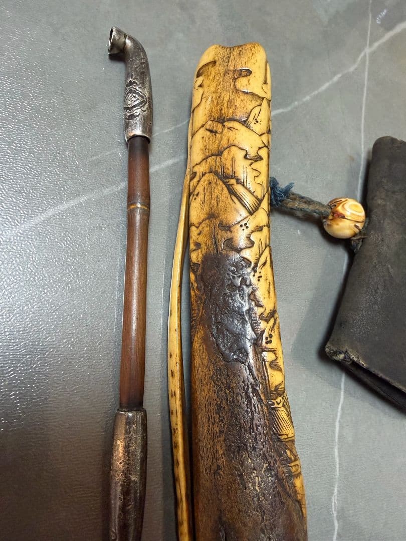 キセル　K18　彫金　煙管　緒締め玉 　煙草入れ　喫煙具　アンティーク