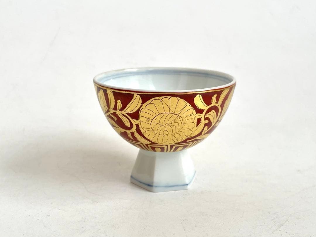 陶芸家　小野珀子　金襴手　酒盃　馬上杯　高脚杯　ぐい呑　酒器　共箱　九谷焼　猪口