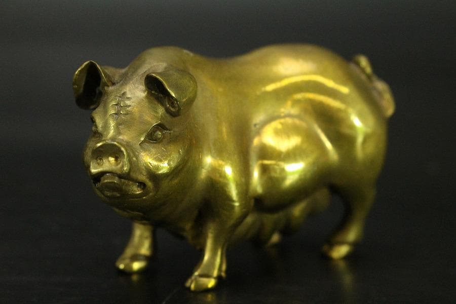 中国美術 銅 猪 一対 縁起物 7.8cmx3cm(LC537)