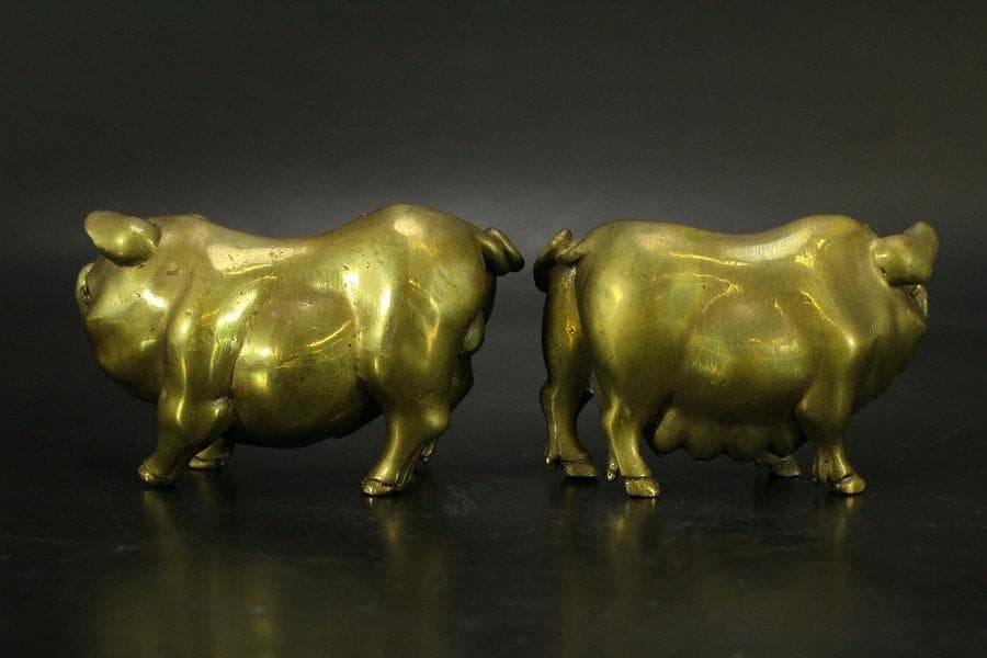 中国美術 銅 猪 一対 縁起物 7.8cmx3cm(LC537)