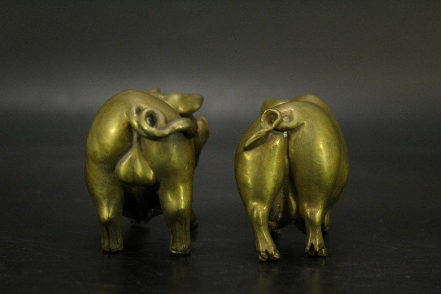中国美術 銅 猪 一対 縁起物 7.8cmx3cm(LC537)