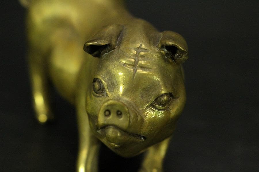 中国美術 銅 猪 一対 縁起物 7.8cmx3cm(LC537)