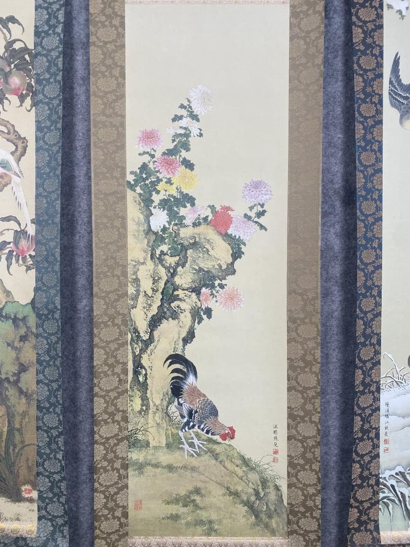サ*バ様 熊代熊斐【複製】菊花家鶏図 雪蘆真雁図 桃樹山鵲図 長崎 掛軸2402