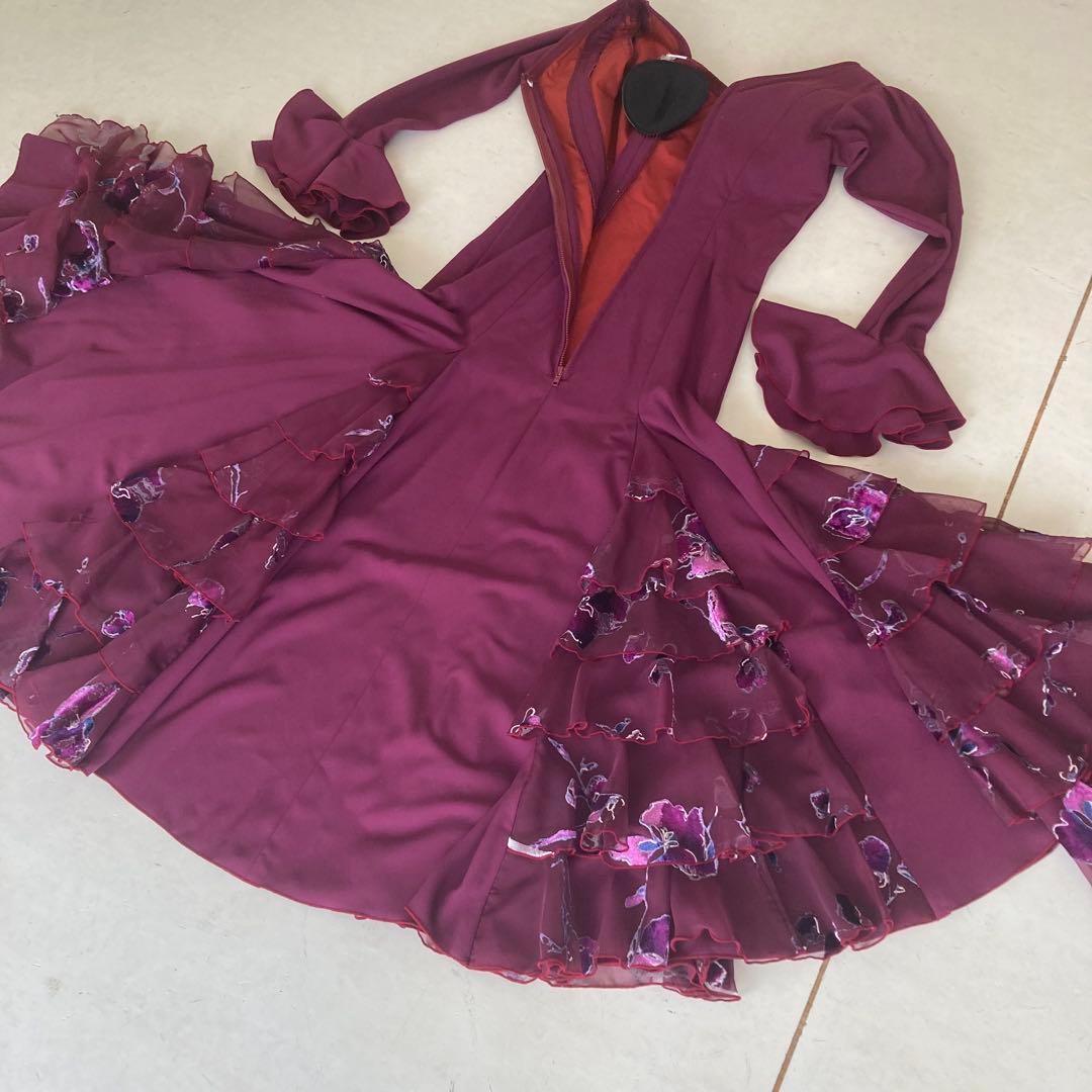 良品 フラメンコ衣装 ワンピース パープル オーダー ハンドメイド オーガンジー