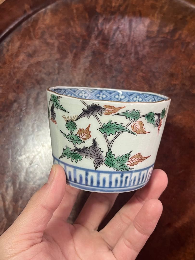 蕎麦猪口　そばちょこ　色絵　草花　あざみ　無傷完品　大振り　そば猪口　古伊万里