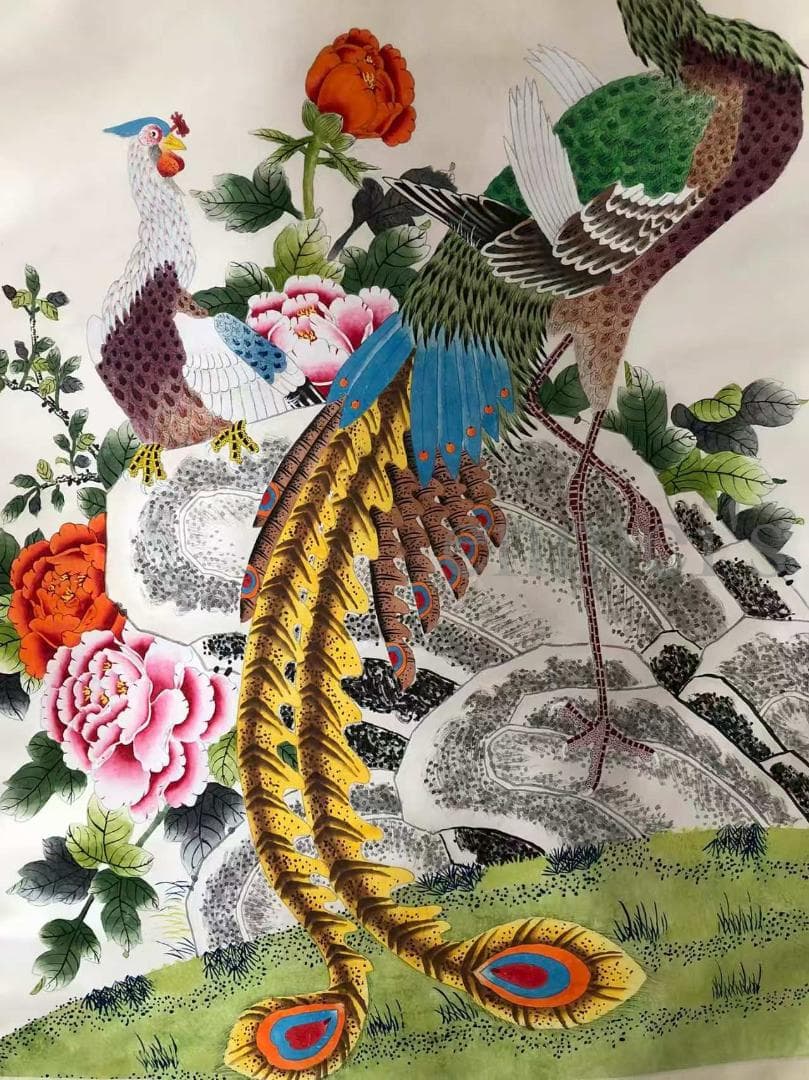 中国古美術・純手描き四尺孔雀と花掛軸・国画・沈銓印款•珍品画・肉筆・文房置物