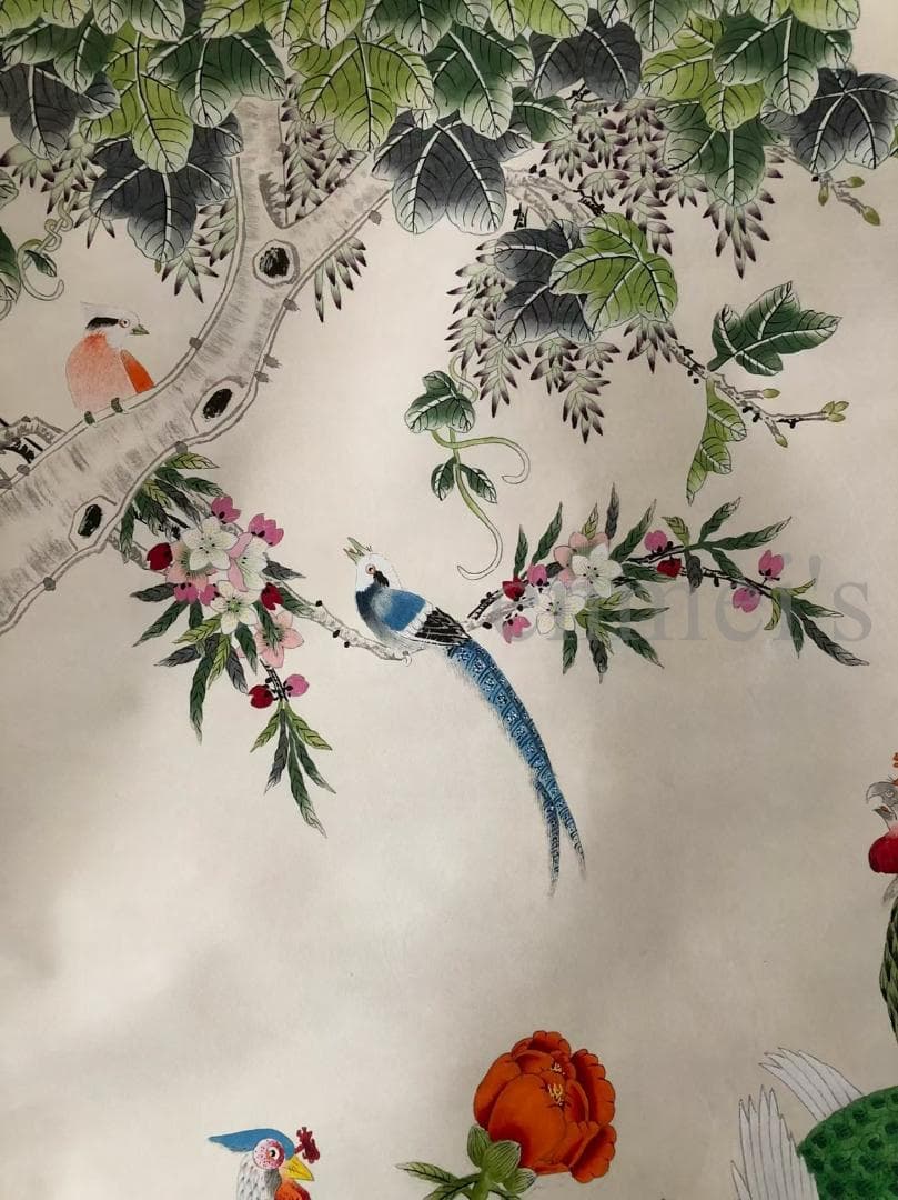 中国古美術・純手描き四尺孔雀と花掛軸・国画・沈銓印款•珍品画・肉筆・文房置物