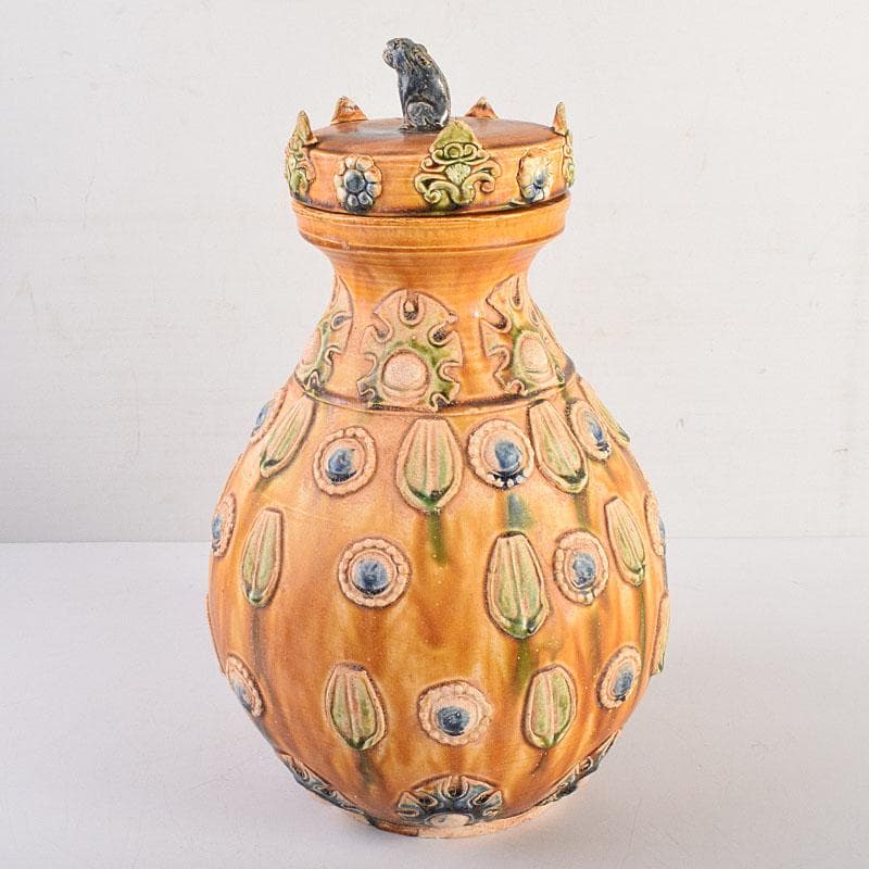 中国　唐三彩　蓋壷　飾壷　C　R8539H